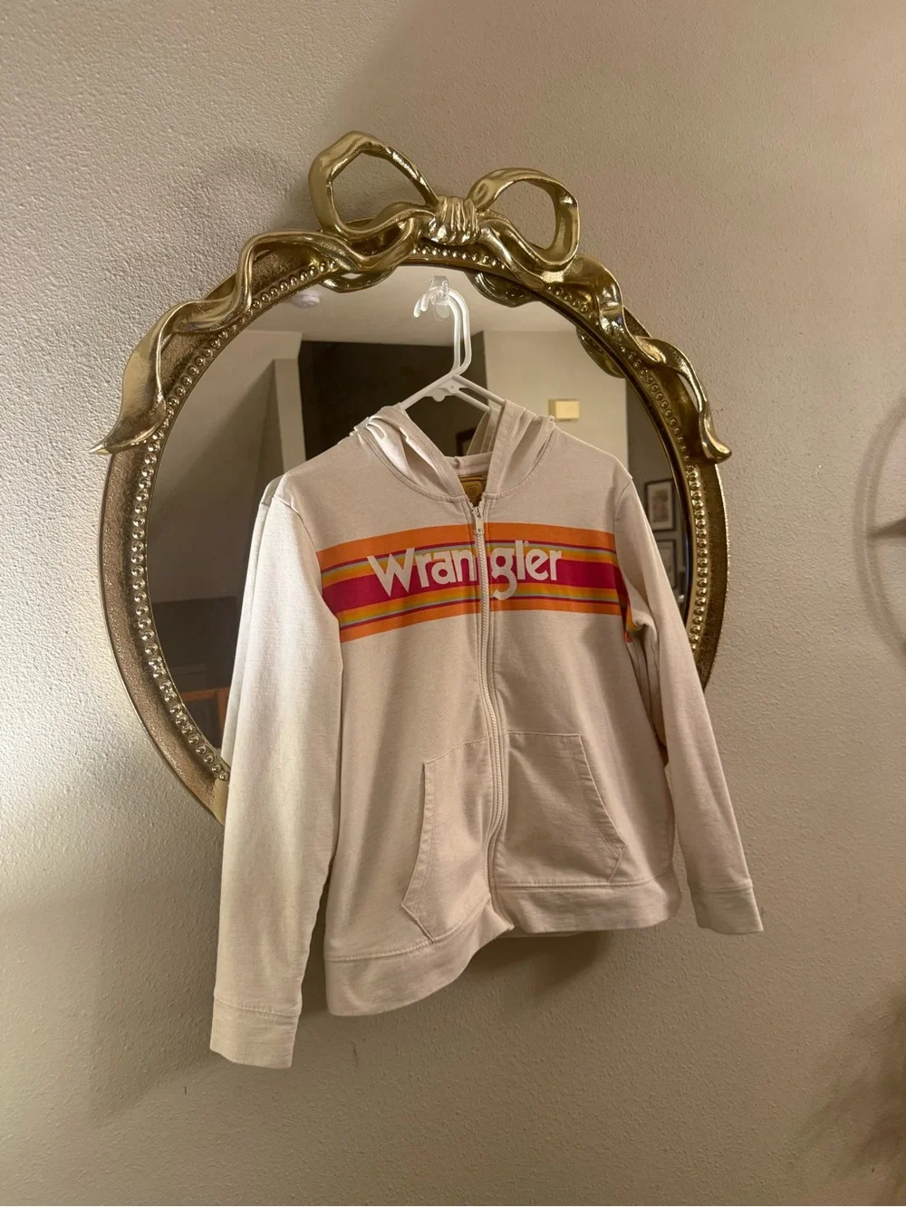 Wrangler Cream Zip Hoodie with Retro Red-Orange-Yellow Stripes
